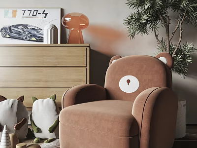 Brown Bear Shaped Kids Chair with Stuffed Toys and Wooden Furniture in Children's Room 3d model