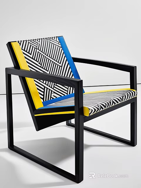 Modern Accent Chair With Geometric Pattern Upholstery Yellow Blue Trim And Black Metal Frame 3d model 