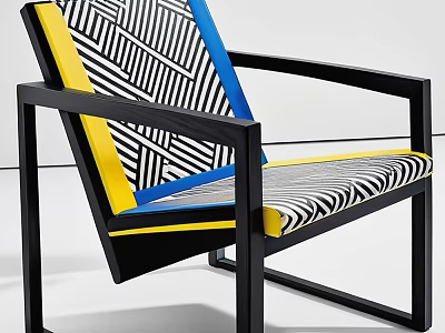 Modern Accent Chair With Geometric Pattern Upholstery Yellow Blue Trim And Black Metal Frame 3d model