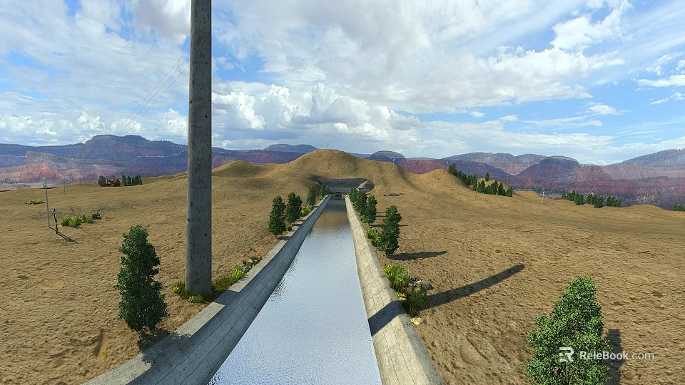 Scenic Concrete Water Canal in Arid Land With Trees Distant Mountains and Blue Sky 3d model 