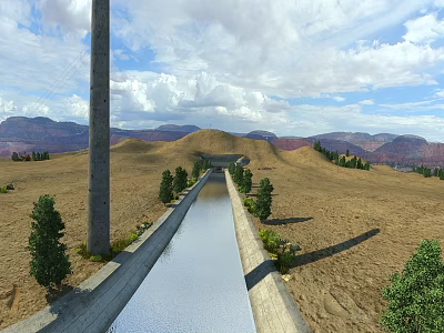 Scenic Concrete Water Canal in Arid Land With Trees Distant Mountains and Blue Sky 3d model