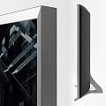 Curved Television With White Frame Displaying Futuristic Industrial Mechanical Structures And Pipes