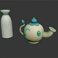 Cute Ceramic Teapot With Blue Top And Cartoon Eye Design Plus White Bottle