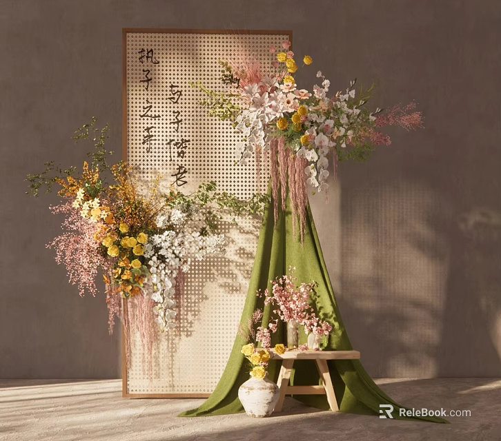 Floral Installation Featuring Pink Yellow White Blossoms Green Drapery Woven Screen And Calligraphy 3d model 