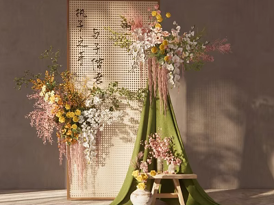 Floral Installation Featuring Pink Yellow White Blossoms Green Drapery Woven Screen And Calligraphy 3d model