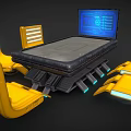 Futuristic Conference Table With Yellow Illuminated Chairs And Blue Screen On Metallic Base