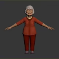 Woman With White Hair Wearing Red Outfit Necklace Bracelets And Purple Shoes