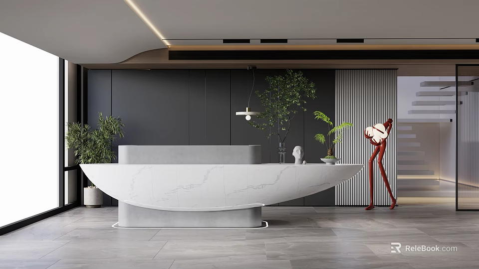 Modern Reception Desk With White Marble Counter Potted Plants And Hanging Light 3d model 