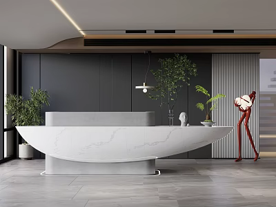 Modern Reception Desk With White Marble Counter Potted Plants And Hanging Light 3d model