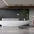 Modern Reception Desk With White Marble Counter Potted Plants And Hanging Light