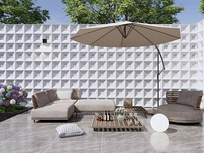 Outdoor Sofa With Umbrella Coffee Table Green Plants Flowers Geometric Wall Tile Floor 3d model
