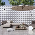Outdoor Sofa With Umbrella Coffee Table Green Plants Flowers Geometric Wall Tile Floor