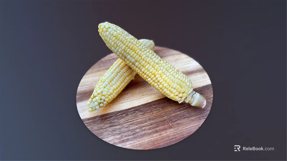 Fresh Two Sweet Corn Cobs Placed On Round Wooden Cutting Board 3d model 