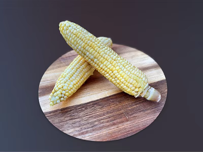 Fresh Two Sweet Corn Cobs Placed On Round Wooden Cutting Board 3d model