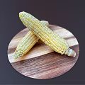 Fresh Two Sweet Corn Cobs Placed On Round Wooden Cutting Board