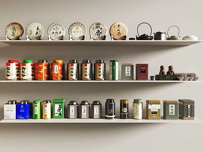 Organized Kitchenware Display On White Shelves With Colorful Tea Tins Plates And Teapots 3d model