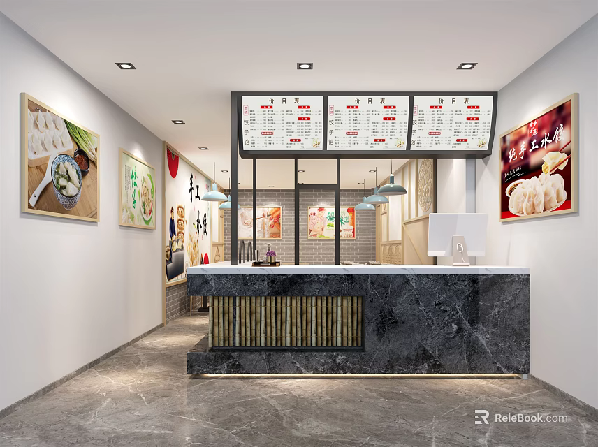 Modern Chinese Restaurant Interior With Counter Menu Screens And Food Paintings 3d model 