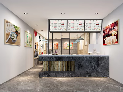 Modern Chinese Restaurant Interior With Counter Menu Screens And Food Paintings 3d model