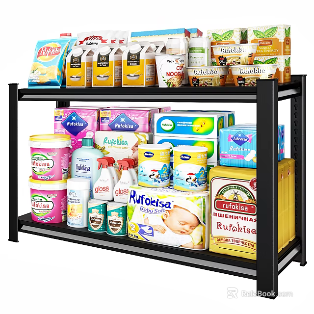 Household Supplies Organized on Black Metal Shelf With Various Products Including Food And Baby Items 3d model 