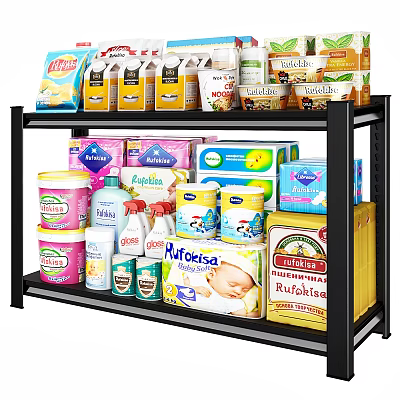 Household Supplies Organized on Black Metal Shelf With Various Products Including Food And Baby Items 3d model