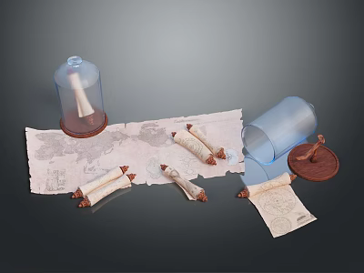 Ancient Scrolls and Antique Map Displayed with Glass Dome and Wooden Container 3d model