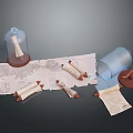 Ancient Scrolls and Antique Map Displayed with Glass Dome and Wooden Container
