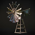 Rusted Windmill Equipment With Metal Blades Moss Growth And Wooden Stand