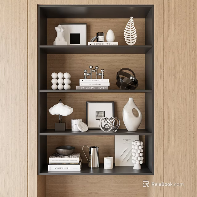 Modern Decorative Ornament Set With Sculptures Photo Frames Vases And Books On Shelf 3d model 
