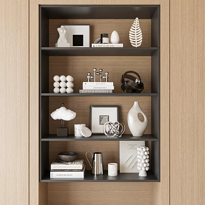 Modern Decorative Ornament Set With Sculptures Photo Frames Vases And Books On Shelf 3d model