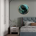 Modern Bedroom Interior With Gray Walls Upholstered Headboard Round Decorative Painting Nightstands Pendant Light