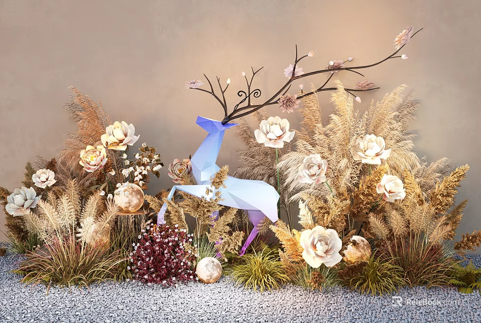 Vibrant Flowers And Dried Grass With Blue Deer Decoration Against Gray Wall On Pebble Ground 3d model 