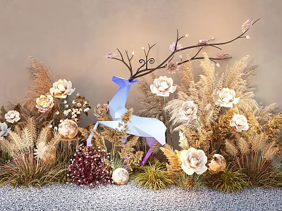 Vibrant Flowers And Dried Grass With Blue Deer Decoration Against Gray Wall On Pebble Ground 3d model