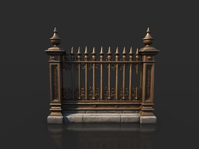Ornate Golden Fence With Carved Patterns Spiked Top And Decorative Stone Base 3d model