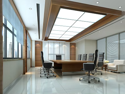 Modern Meeting Room Interior With Long Wooden Table Black Office Chairs And Large Windows 3d model