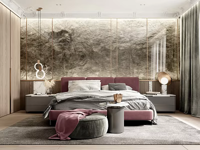 Modern Bedroom Interior With Pink Upholstered Headboard Marble Wall Pendant Lights And Soft Rug 3d model