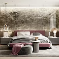 Modern Bedroom Interior With Pink Upholstered Headboard Marble Wall Pendant Lights And Soft Rug