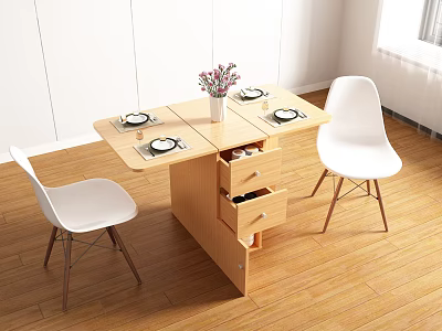 Modern Wooden Dining Table Set With Drawers White Chairs And Flower Vase 3d model