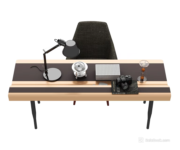 Modern Wooden Coffee Table With Black Desk Lamp Camera Tablet And Dark Chair 3d model 