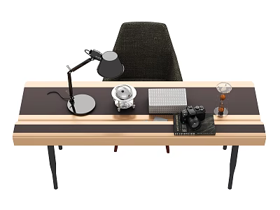 Modern Wooden Coffee Table With Black Desk Lamp Camera Tablet And Dark Chair 3d model