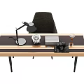 Modern Wooden Coffee Table With Black Desk Lamp Camera Tablet And Dark Chair