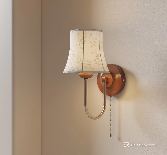 Elegant Modern Wall Lamp With Leaf Pattern Shade Wooden Base Metal Arm And Pull Chain 3d model