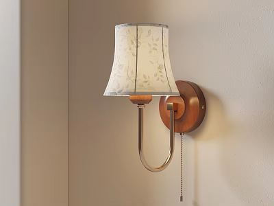 Elegant Modern Wall Lamp With Leaf Pattern Shade Wooden Base Metal Arm And Pull Chain 3d model