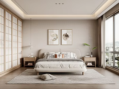 Minimalist Bedroom Interior With Wooden Lattice Doors Two Framed Artworks And Simple Bed Frame 3d model