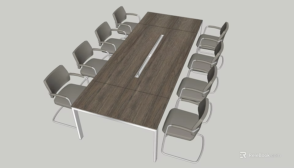 Modern Wooden Conference Table With Metal Frame And Gray Office Chairs 3d model 