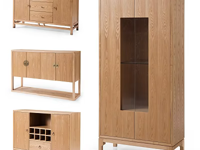 Natural Wooden Entryway Cabinet And Side Cabinet With Drawer Glass Door Storage Design 3d model