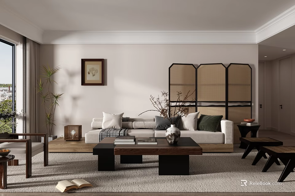 Modern Living Room With Sofa Coffee Table Wooden Screen Decorative Painting And Plants 3d model 