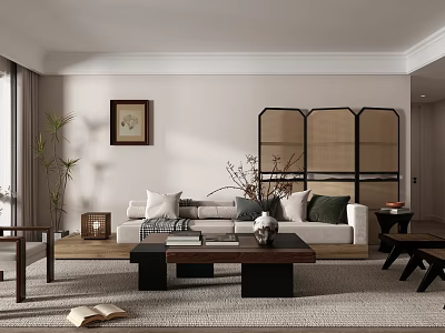 Modern Living Room With Sofa Coffee Table Wooden Screen Decorative Painting And Plants 3d model