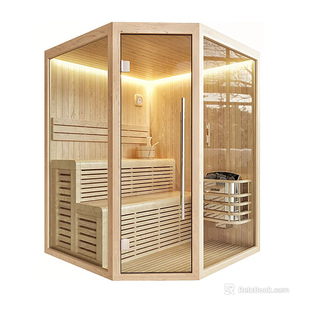 Elegant Modern Shower Sauna Interior With Wooden Benches Glass Door And Soft Lighting 3d model 