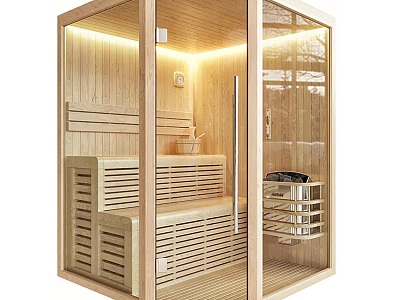Elegant Modern Shower Sauna Interior With Wooden Benches Glass Door And Soft Lighting 3d model