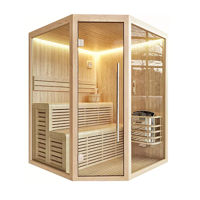 Elegant Modern Shower Sauna Interior With Wooden Benches Glass Door And Soft Lighting 3d model